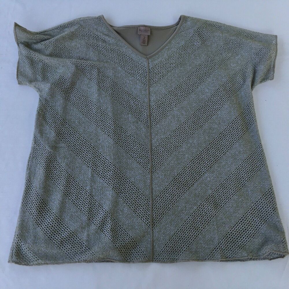 Easywear By Chico's Sz 2 Double Layer Gray V-neck Knit Top Blouse Short Sleeves
